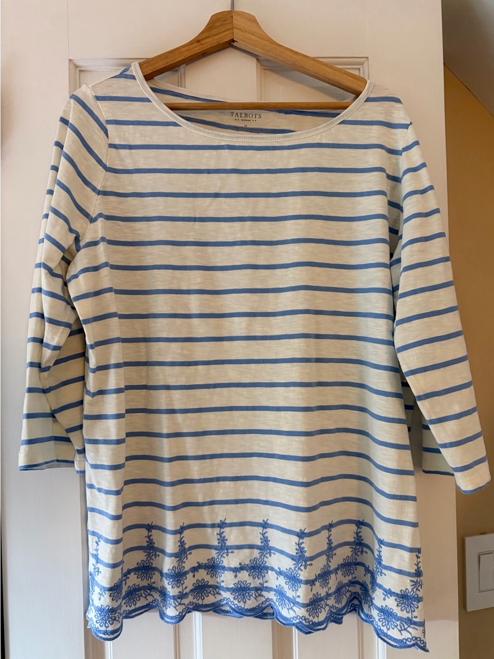 Talbots Off White and Light Blue Striped Embroidered Boatneck Top